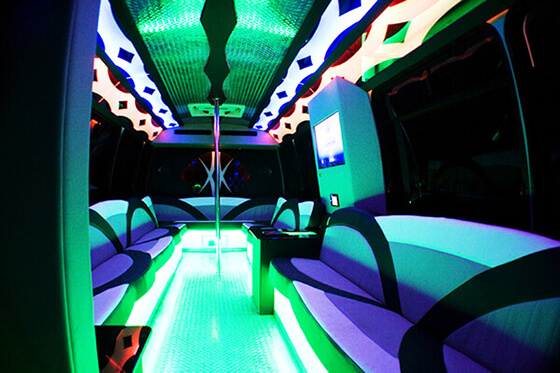 30-passenger black limo bus interior