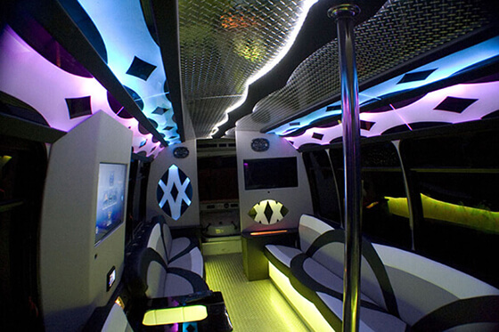 30-passenger black limo bus int view